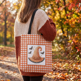 Bolsa Tote Chapéu de Bruxa de Halloween em Xadrez Laranja & M
