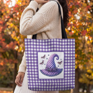 Bolsa Tote Chapéu de Bruxa de Halloween em Xadrez Roxo & Morc