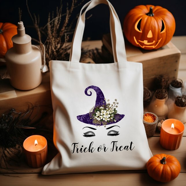 Bolsa Tote Chapéu de Bruxa Roxo de Halloween Adorável Doces o (Criador carregado)