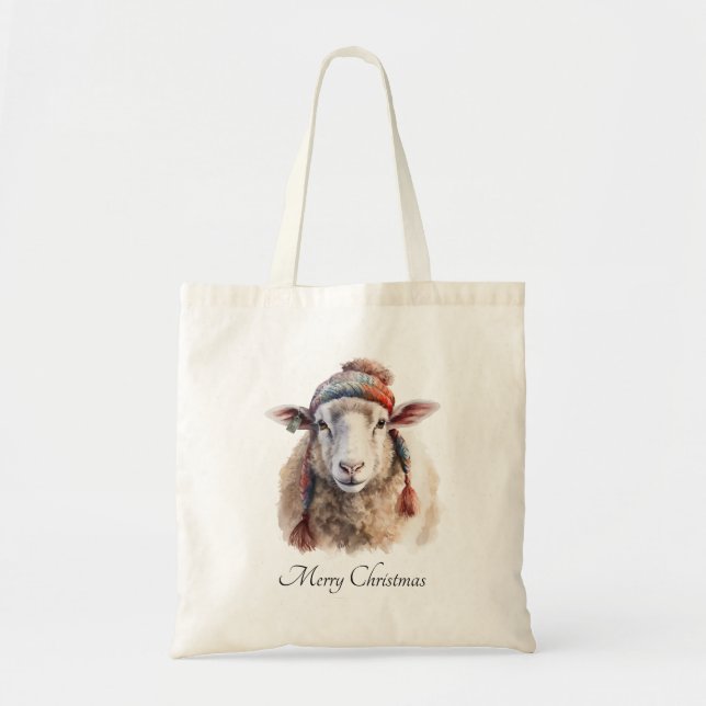 Bolsa Tote Chapéu de Inverno Ovelha de Natal Texto Personaliz (Frente)