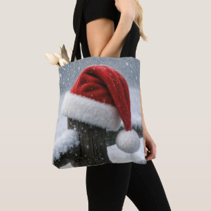 Bolsa Tote Chapéu de Papai Noel em uma Estaca de Cerca Nevada