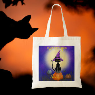 Bolsa Tote Chapéu roxo de gato preto que abraça abóboras lua
