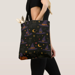 Bolsa Tote Chapéus de Bruxa e Jack o Lantern de Halloween