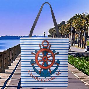 Bolsa Tote Charleston, SC Roda e Âncora do navio Striped