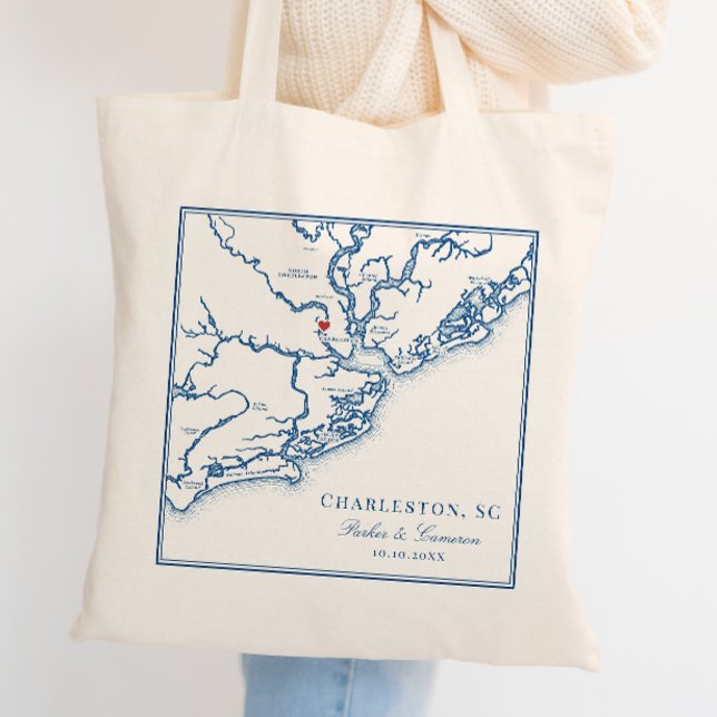 Bolsa Tote Charleston South Carolina Marinho Blue Wedding (Charleston South Carolina Map Tote Bag Wedding Favor -- an elegant navy blue wedding welcome bag )