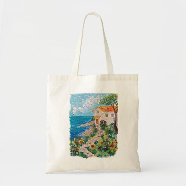 Bolsa Tote Charme de Algodão Costeiro Original Óleo Pastel Bo (Frente)