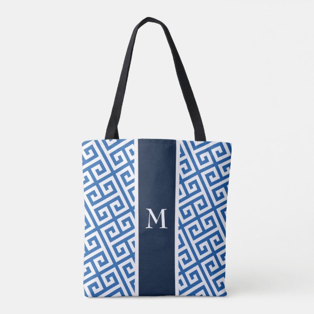 Bolsa Tote Chave Grega do Monograma Azul  (Verso)