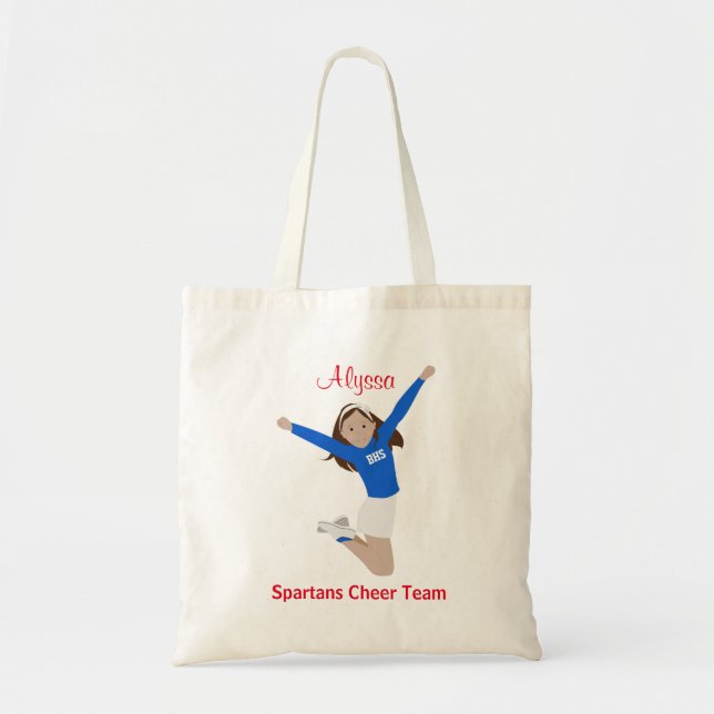 Bolsa Tote Cheerleader do cabelo de Brown em azul e em branco (Frente)