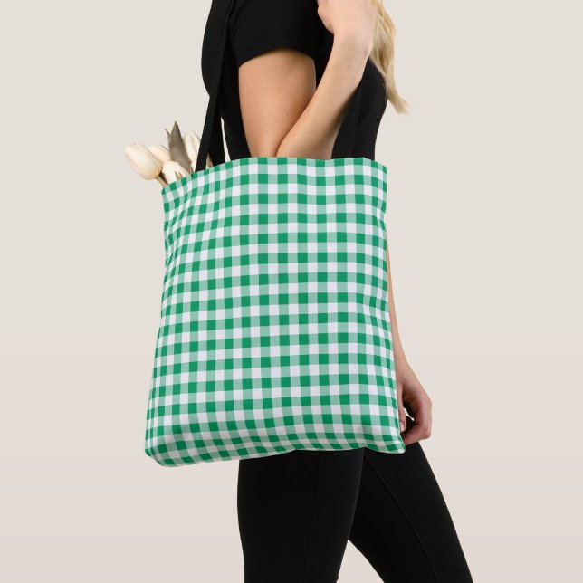 Bolsa Tote Cheque médio de Shamrock verde e branco Gingham (Close Up)