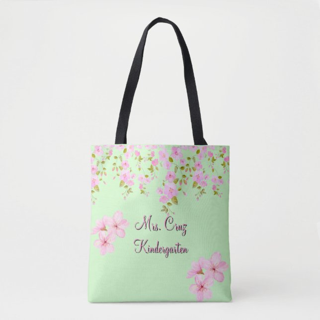 Bolsa Tote Cherry Blossom Bonito rosa e verde personalizado (Frente)