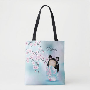 Bolsa Tote Cherry Blossom Kokeshi Doll Pink Turquoise Nome