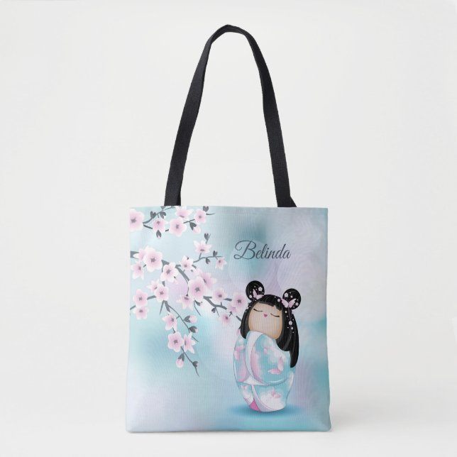 Bolsa Tote Cherry Blossom Kokeshi Doll Pink Turquoise Nome (Frente)