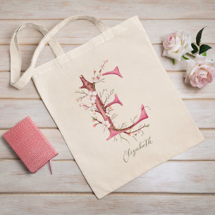 Bolsa Tote Cherry Blossom - Letra 'E' Monograma - Nome Person