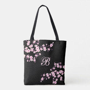 Bolsa Tote Cherry Blossom   Preto Cor-de-Rosa Floral Personal