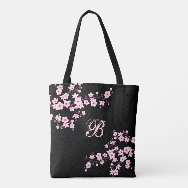 Bolsa Tote Cherry Blossom | Preto Cor-de-Rosa Floral Personal (Verso)