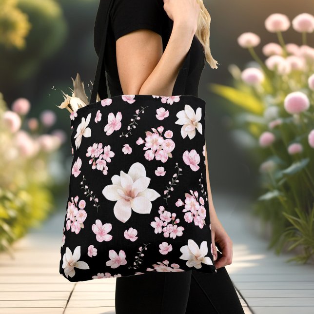 Bolsa Tote Cherry Blossom Sakura Magnolia Primavera Rosa Pret (Cherry Blossom Sakura Magnolia Spring Pink Black Tote Bag)