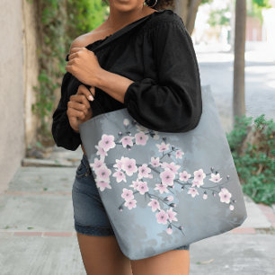 Bolsa Tote Cherry Blossomo Floral Dusty Pink Azul