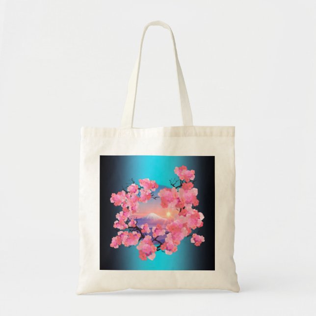 Bolsa Tote Cherry Blossoms pelo Monte Fuji em azul (Frente)