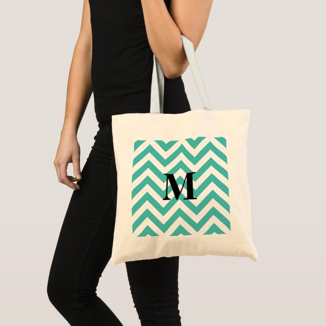 Bolsa Tote Chevron Azul com Monograma (Frente (produto))