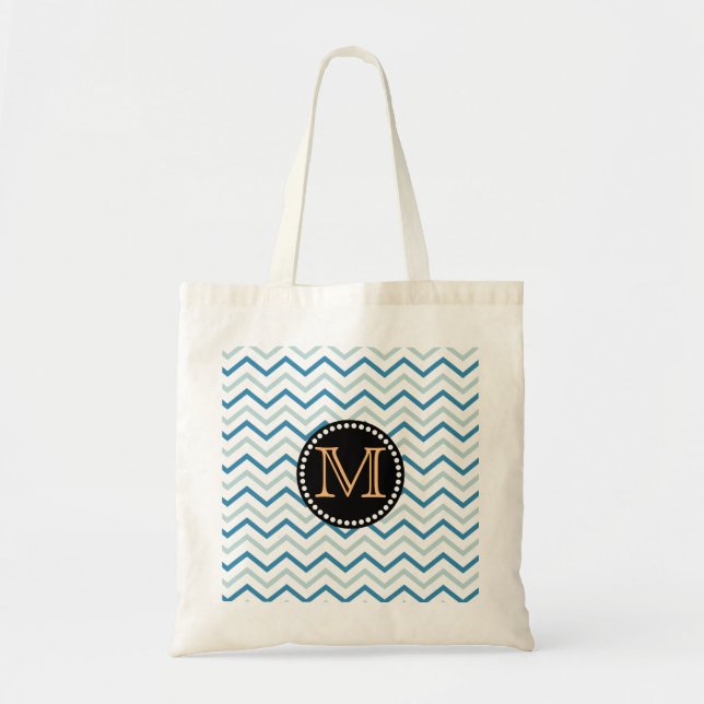 Bolsa Tote Chevron Patterno Monograma Cinza Azul do Mar (Frente)