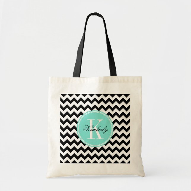 Bolsa Tote Chevron Preto e Branco com Monograma Turquesa (Frente)