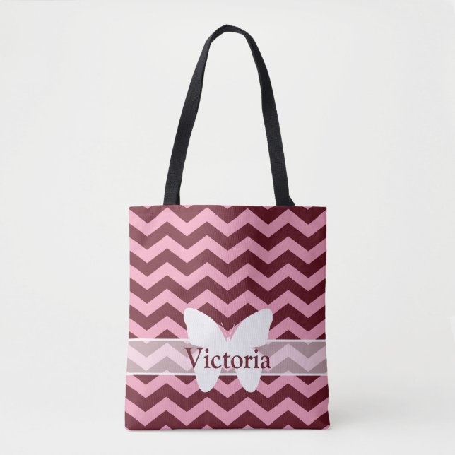 Bolsa Tote Chevrons de Orquídea Fosco Borgonha com Borboleta  (Frente)