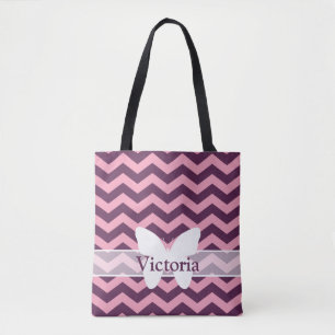 Bolsa Tote Chevrons Orquídeas de Fosco Roxo com Borboleta