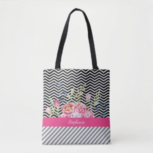 Bolsa Tote Chevrons Pretos e Brancos, Cor-de-rosa-chic e nome