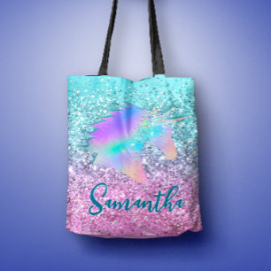 Bolsa Tote Chic Aqua Pink Unicorn Glitter monograma