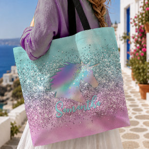 Bolsa Tote Chic Aqua Pink Unicorn Glitter monograma