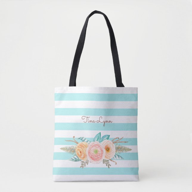 Bolsa Tote Chic Aqua Stripes Feminine Floral e Nome (Frente)