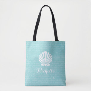 Bolsa Tote Chic Beach Girly Aqua Scallop Shell Com Nome