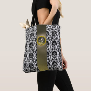 BOLSA TOTE CHIC BLACK WHITE DAMASK CINZA GEM MONOGRAMA