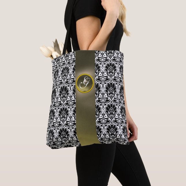 BOLSA TOTE CHIC BLACK WHITE DAMASK CINZA GEM MONOGRAMA (Close Up)