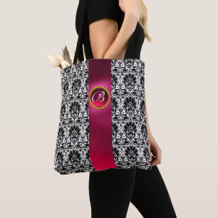 BOLSA TOTE CHIC BLACK WHITE DAMASK , PINK FUCHSIA GEM MONOGRA