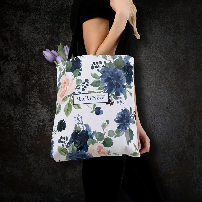 Bolsa Tote Chic Blooms | Azul-Marinho e cor-de-rosa-esbranqui (Criador carregado)