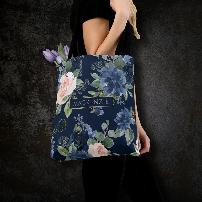 Bolsa Tote Chic Blooms | Marinho escuro, azul e monograma esb (Criador carregado)