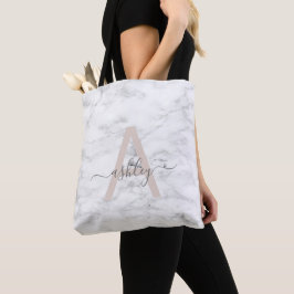 Bolsa Tote Chic Blush White Marble Script Name Monogramo