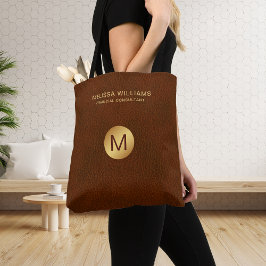 Bolsa Tote Chic Classy Faux Brown Leather & Douradas Iniciais
