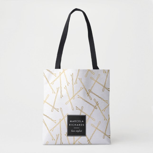 Bolsa Tote Chic Dourado Bobby Pins Branco Personalizado (Frente)