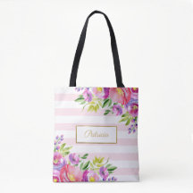 Chic Floral Aquarela Rosa e Listras Brancas