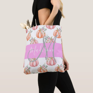 Bolsa Tote Chic Floral Branco Rosa Pêssego Abóbora Monograma