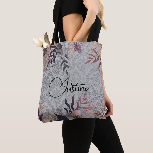 Bolsa Tote Chic Floral Silver Damask Personalizado (Close Up)