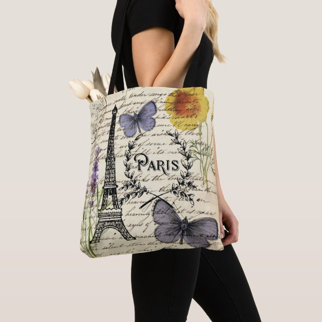 Bolsa Tote chic french butterfly scripts paris eiffel torre (Close Up)