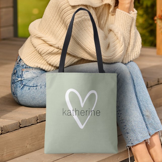 Bolsa Tote Chic Heart Personalised Sage Green (Custom Tote Bag by PartyInvitationShop.com)