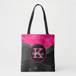 Bolsa Tote Chic Hot Pink Cinza Negra Ondas Glam Monograma Nom