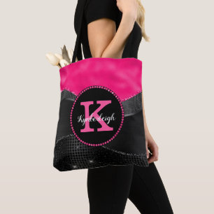 Bolsa Tote Chic Hot Pink Cinza Negra Ondas Glam Monograma Nom