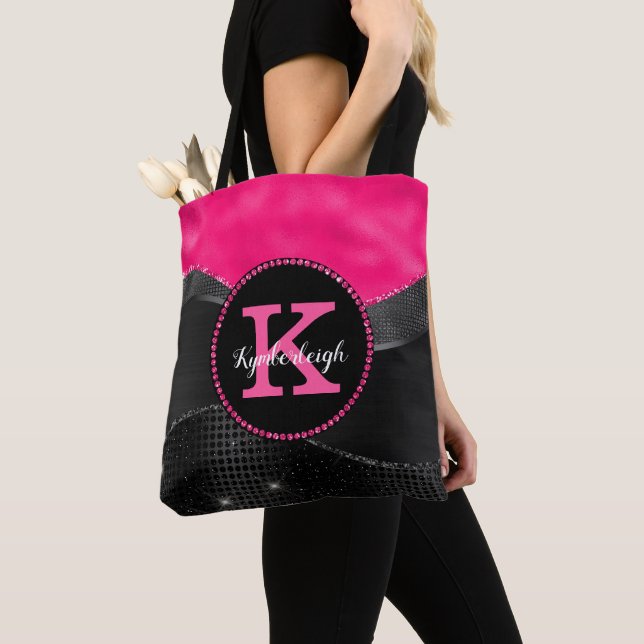 Bolsa Tote Chic Hot Pink Cinza Negra Ondas Glam Monograma Nom (Close Up)