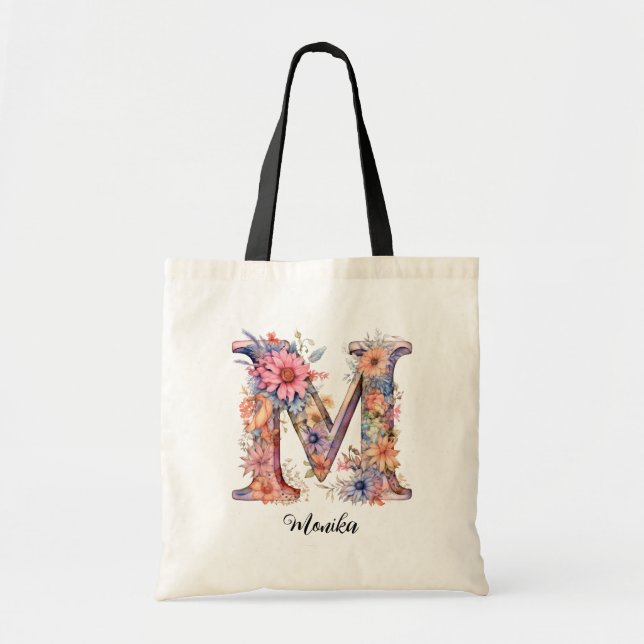 Bolsa Tote Chic - Letra M | Whimsical Floral Monograma (Frente)