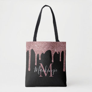 Bolsa Tote Chic Monograma com Brilho Preto e Dourado Rosa com